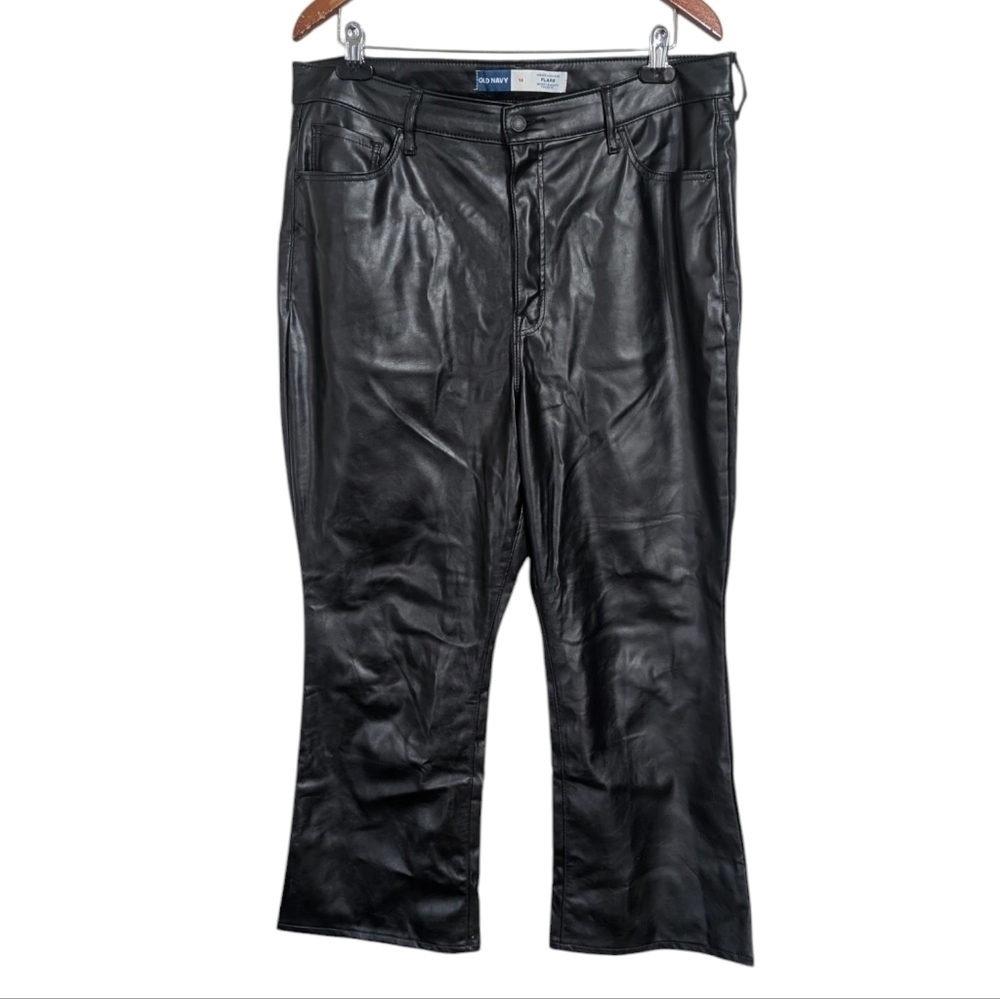 Old Navy Black Faux Leather Flare Pants Higher High-Rise Smoothing Front Size 16